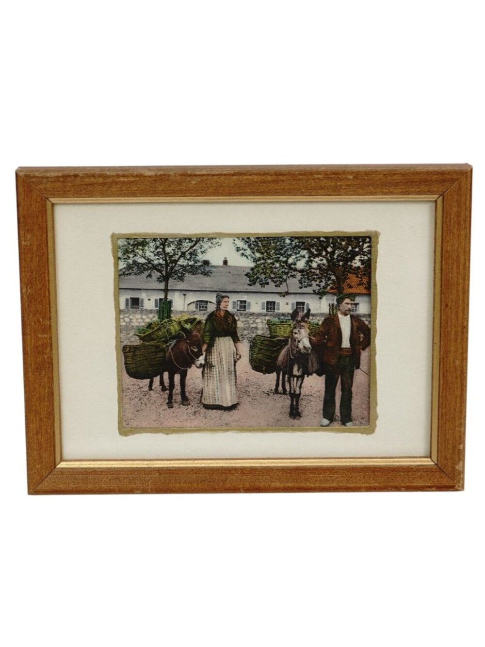 Vintage Print Wood Framed Couple w/ Donkeys Postcard Art Wall Decor 5.75"x 7.75"